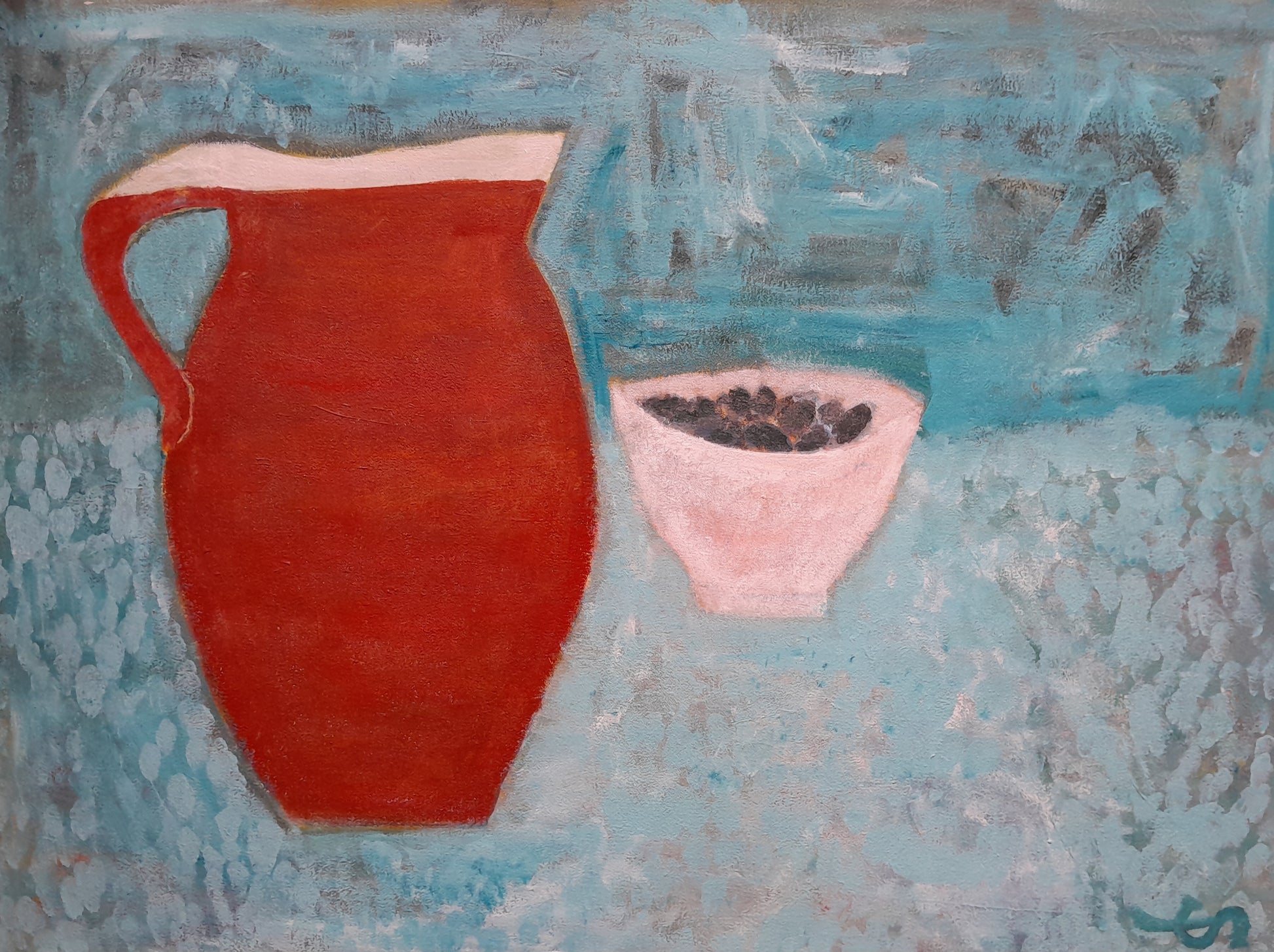 brown jug white bowl with olives on a blue background